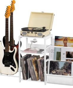 Black End Table, Small Side Table with Metal Frame,Modern Record Player Stand with Storage Shelf, Wood 3 Tier Sofa Bedside Tables, Narrow Nightstand for Living Room Bedroom Office