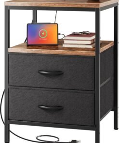 Nightstand with Charging Station, Side Table with Fabric Drawers, End Table with Open Shelf, Bedside Table with USB Ports and Outlets, Night Stand for Bedroom, Rustic Brown and Black