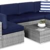 7-Piece Modular Outdoor Sectional Wicker Patio Conversation Set w/ 2 Pillows, Coffee Table, Cover Included - Gray/Navy