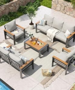 Aluminum Patio Furniture Set 7 Seats, Oversized Outdoor Sectional with Washable Thick Cushions, Coffee Table and Waterproof Cover, Patio Conversation Sets for Porch, Balcony, Deck