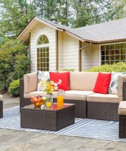 6 Pieces Outdoor Patio Furniture Set, PE Wicker Rattan Sectional Sofa Patio Conversation Sets with Coffee Table for Garden, Backyard, Poolside (Beige)