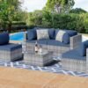 5 Pieces Outdoor Patio Sectional Sofa Couch, Silver Gray PE Wicker Furniture Conversation Sets with Washable Cushions & Glass Coffee Table for Garden, Poolside, Backyard (Aegean Blue)