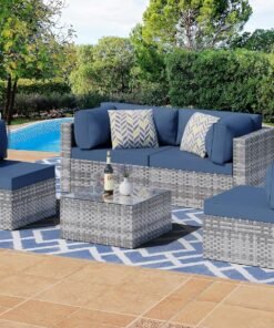 5 Pieces Outdoor Patio Sectional Sofa Couch, Silver Gray PE Wicker Furniture Conversation Sets with Washable Cushions & Glass Coffee Table for Garden, Poolside, Backyard (Aegean Blue)