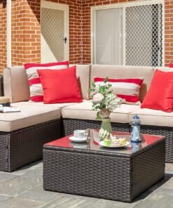 5 Piece Patio Furniture Sets, All-Weather Brown PE Wicker Outdoor Couch Sectional Set, Small Conversation Set for Garden/Patio w/Ottoman, Glass Table, Red Pillow, Beige