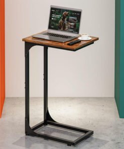 C-Shaped Side Table for CouchSmall Coffee Stand Sofa Tray Desk with Metal Frame and Waterproof Scratch Resistant, Modern End Accent for Living Room, Bedroom, Small Spaces, Rustic Brown
