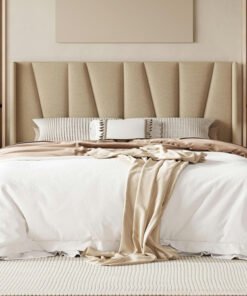 King Size Platform Bed Frame with Geometric Wingback Headboard, Modern Upholstered Bed with Wooden Slats Support, No Box Spring Needed, Easy Assembly, Beige