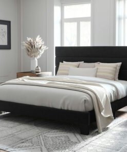 King Size Platform Bed Frame with Velvet Upholstered Headboard and Wooden Slats Support, Fully Upholstered Mattress Foundation/No Box Spring Needed/Easy Assembly, Black