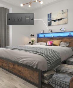 Queen Bed Frame with 2-Tier Storage Headboard, Metal Platform Bed Frame with 4 Storage Drawers, Built in Charging Station & LED, Noise-Free/Metal Support/No Box Spring Needed, Vintage Brown